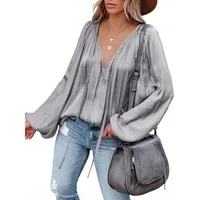 Plus Size Fashion Long Sleeve V Neck Office Casual Shirt Women Elegant Simple Loose Blouse Ladies Pleated Solid Color Top - Image 4