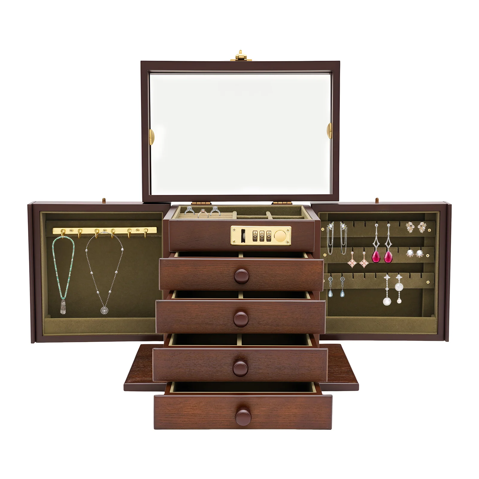 ﻿5 Tiers Brown Retro Wood Jewellery Box Exquisite Jewelry Case Large Capacity Multifunctional Jewellery Boxes W/Lock Mirror