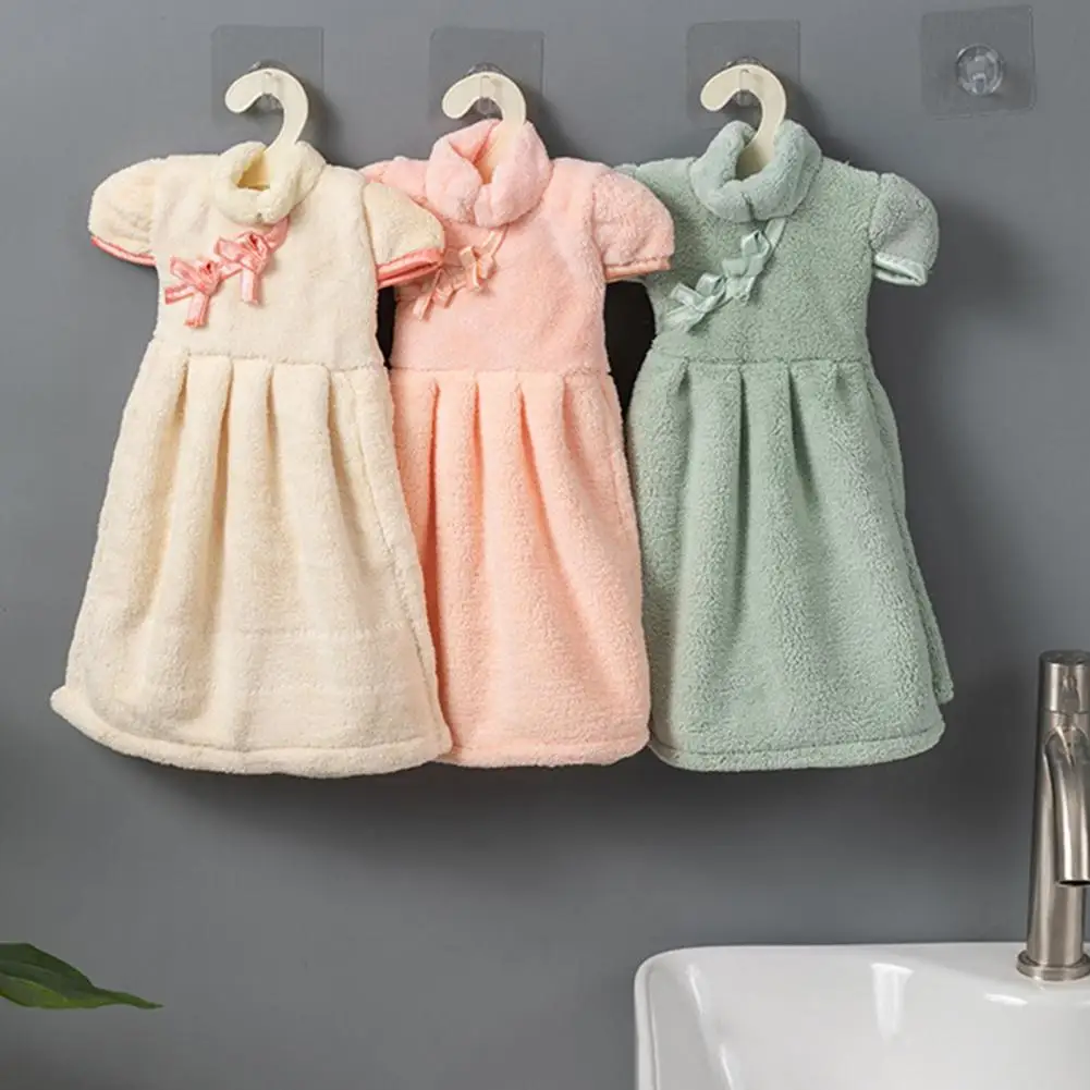 36*25cm Hanging Hand Towel With Hanger Cheongsam Shape Coral Fleece Thick Super Absorbent Bathroom Kitchen Towel Home Supplies