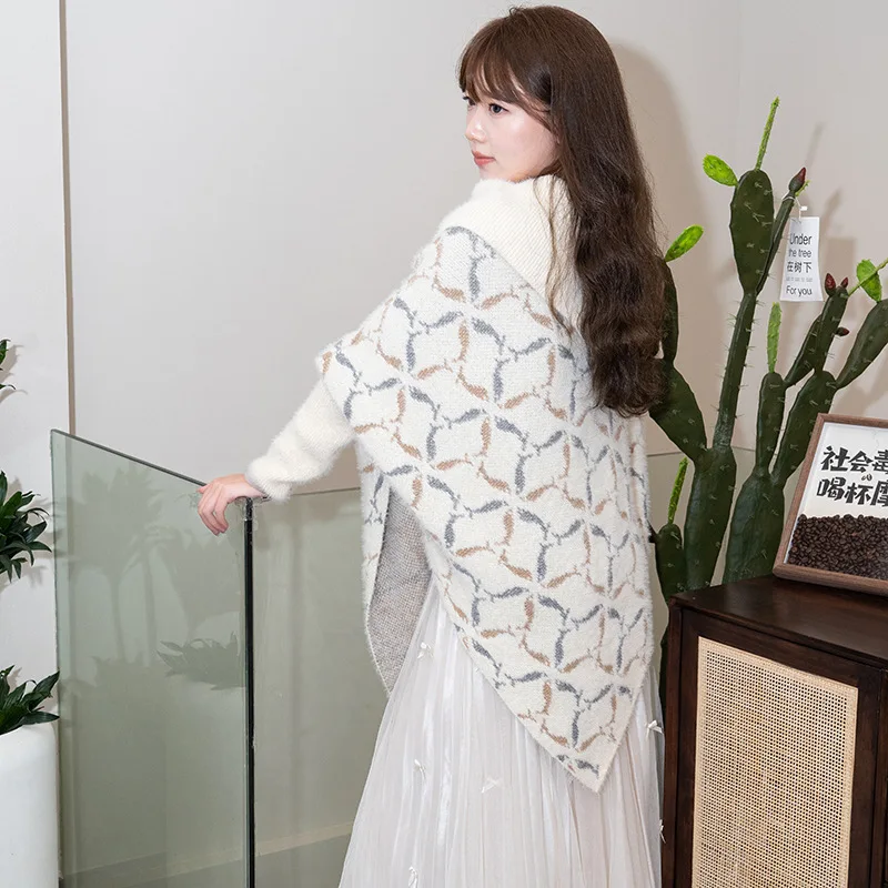 Fashionable and Trendy Warm Knitted Shawl with Outer Collar Mid-length Color Matching Simple Shawl for Women Loose Cloak