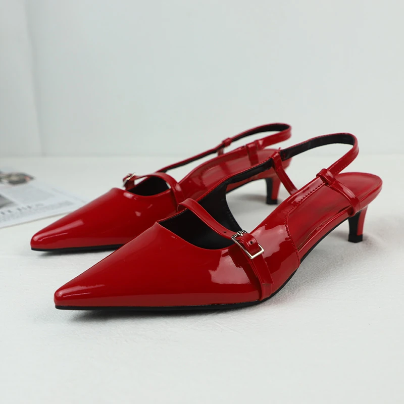Summer Red Patent Leather Pointed Toe Slingback Sandals for Women Low Heel Design Offers Wear Strap Buckle Trendy Fashion Shoes