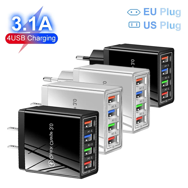 EU/US Plug Fast 4 USB Charger Quick Charge 3.0 for Phone Adapter for iPhone 15 Samsung Tablet Portable Wall Mobile Phone Charger Charger Adapter Fast Charger Battery Charger Adapter