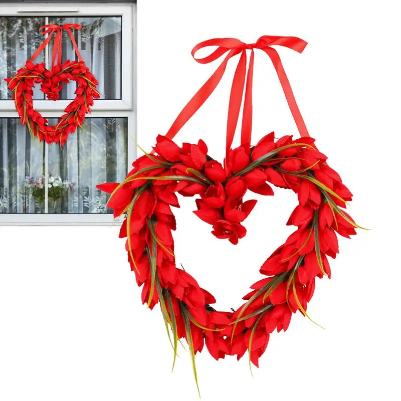 

Valentines Day Door Wreath Red Artificial Tulips Heart Shaped Wreath 14.56in Party Decoration Door Hanger home decor supplies