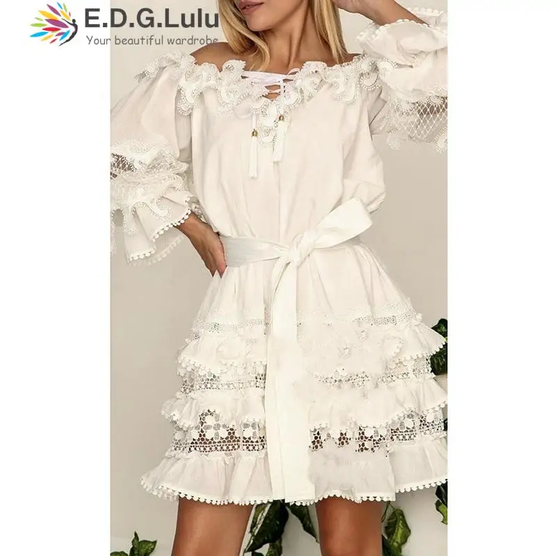 

EDGLuLu O Neck Flared Sleeves Purple Dresses For Women 2023 Hollow Embroidery Lace Patchwork Cascading Ruffle Dress 0922