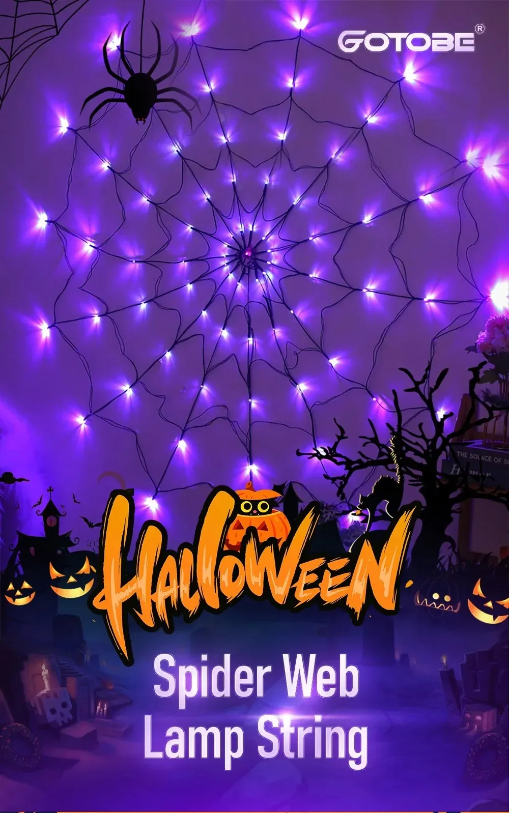 Description Picture 2 of item2024 LED Halloween Light Spider Web Decoration Lights 8 Modes Remote Control Spider Net Lamp Decorative Atmosphere Party Light