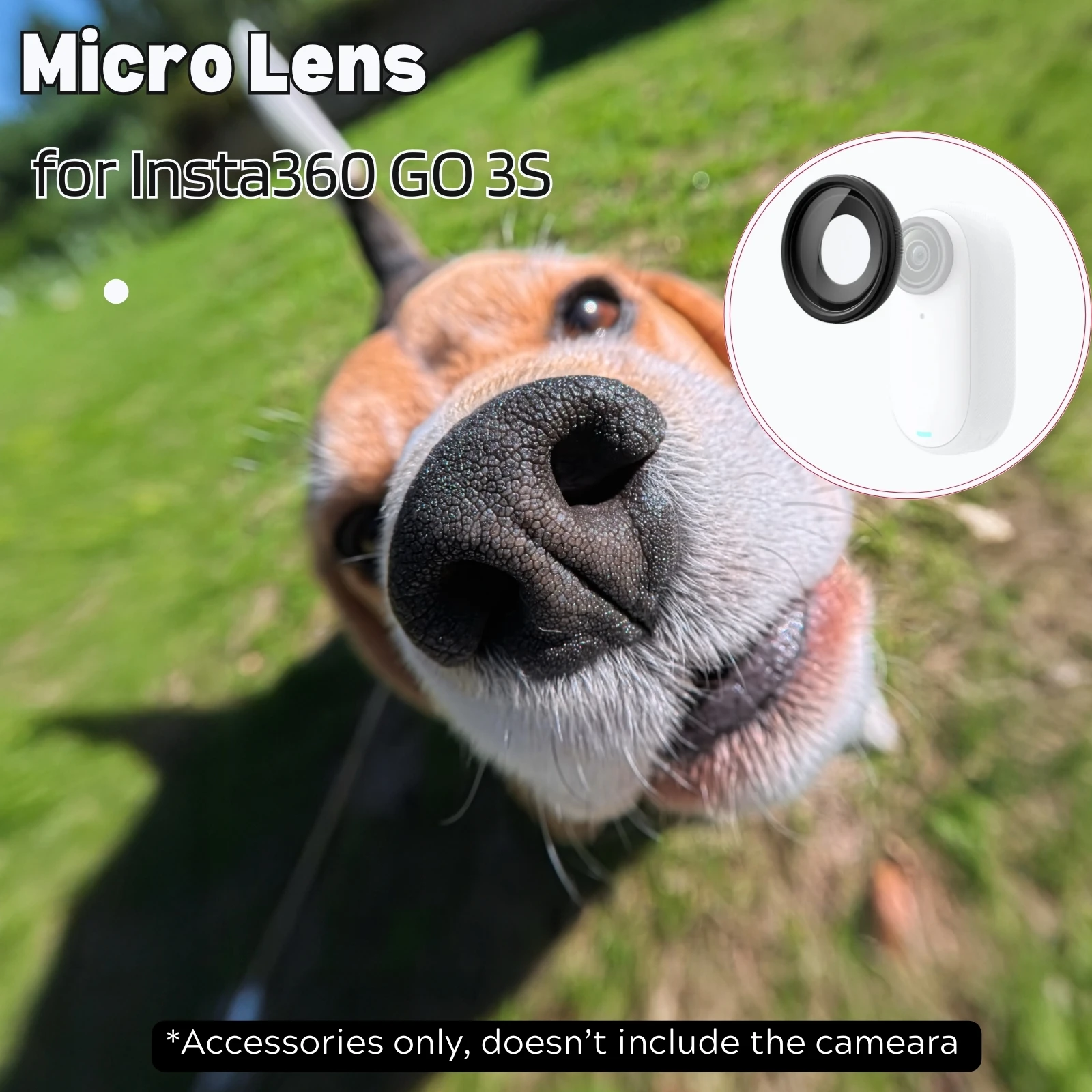 Macro Objectif Insta360 GO 3S dévissé de la caméra, révélant son verre et son filetage.