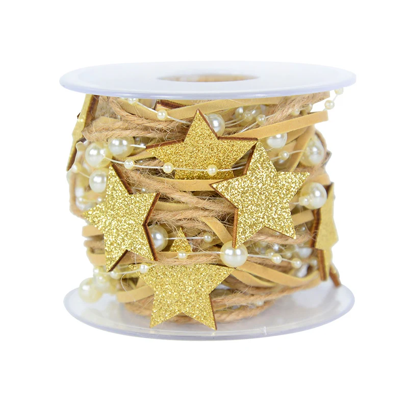 Nastro Decorativo 3-in-1 Per Albero Di Natale – Perle, Stelle Rosse E Spago Di Iuta, 15m Totali