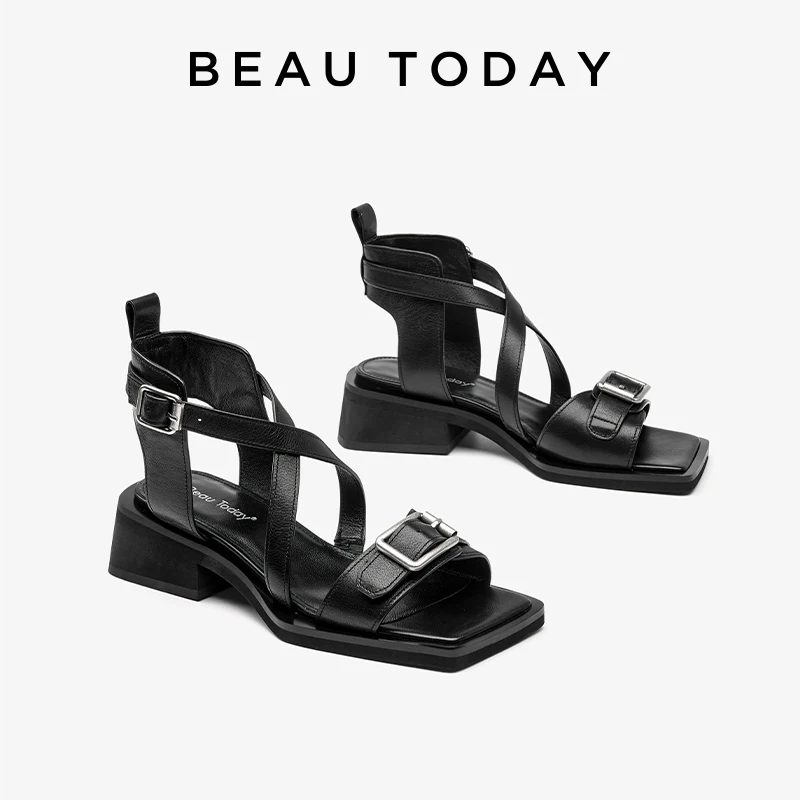 

BEAUTODAY Modern Sandals Women Genuine Cow Leather Solid Color Buckle Strap High-Heeled 2024 Summer Ladies Shoes Handmade 33096