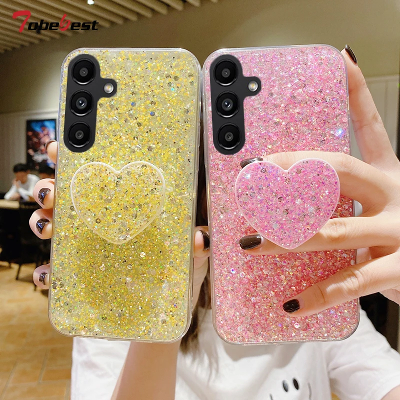 Shiny Glitter Heart Love Phone holder Case For Samsung Galaxy A14 A34 A54 A04 5G Gold Silver Foil Soft Silicone Cover_voghion.com