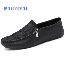 PARZIVAL Genuine Leather Men Casual Shoes Mens Loafers Moccasins Breathable Slip on Zipper Italian Driving Shoes Chaussure Homme