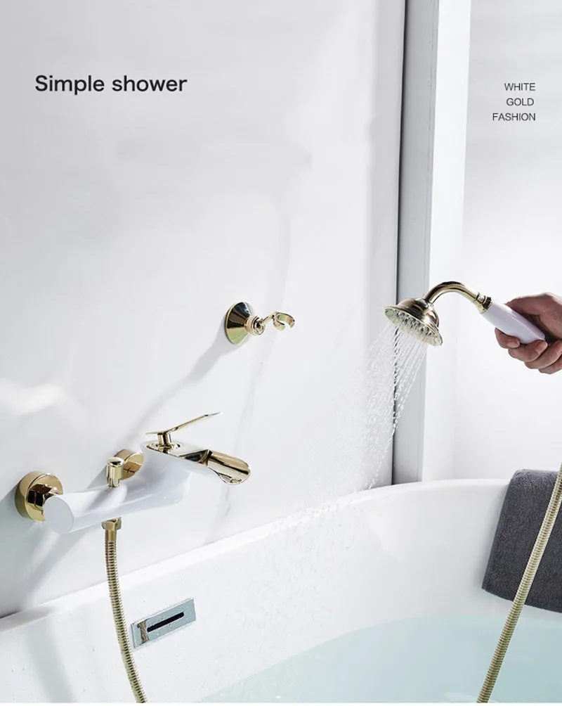 Description Picture 6 of itemBath And Shower Faucet Set Waterfall Brass White Gold Simple Shower Hot and Cold Faucet Wall Mounted Bathroom Mixer Set