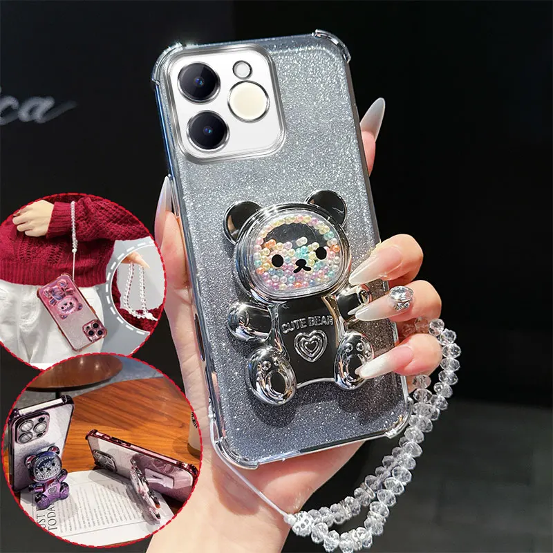 Shockproof Phone Case with Cute Bear Stand and Crystal Chain Lanyard - Glitter Design