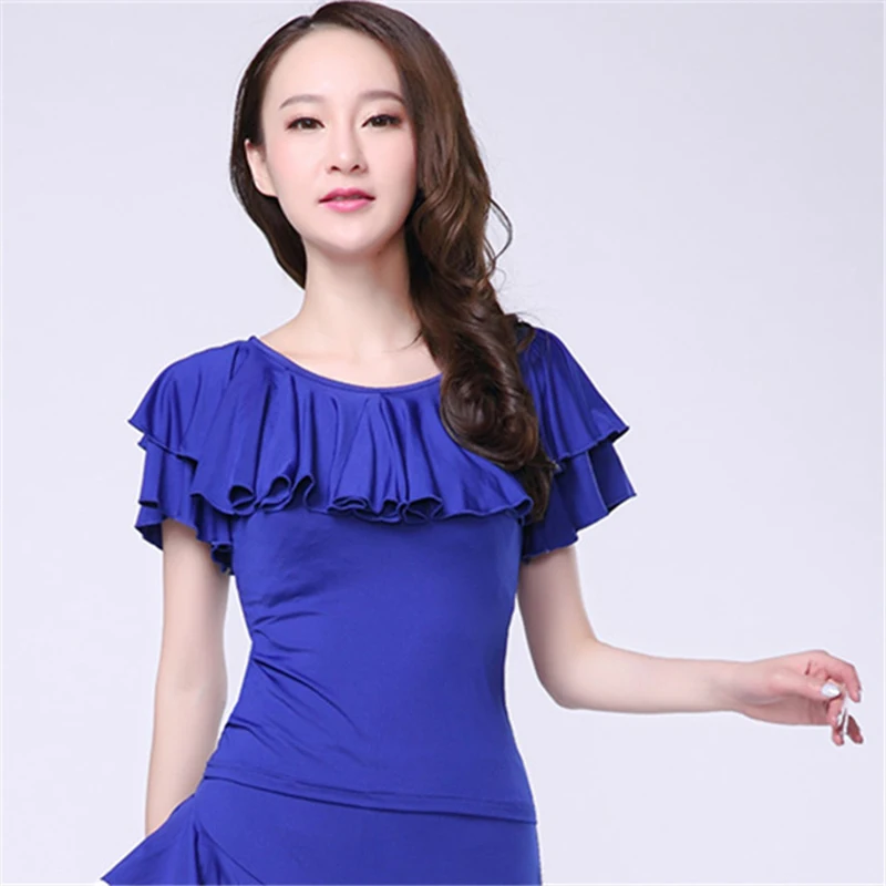 라틴 댄스 볼룸 댄스 셔츠 Activewear 탑 프릴 퓨어 컬러 여성 성능 반소매 밀크 섬유 블라우스 의류