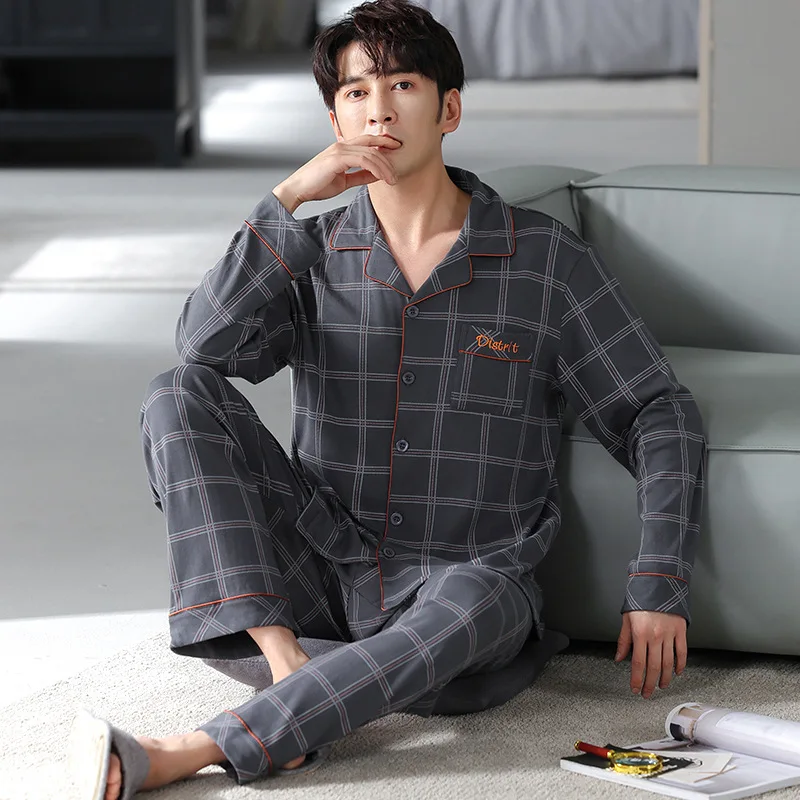Spring Autumn Men's Cotton Pajamas Long Sleeve Lapel Plaid Cardigan Pants Oversized Loose Fitting Casual Home Clothing Set
