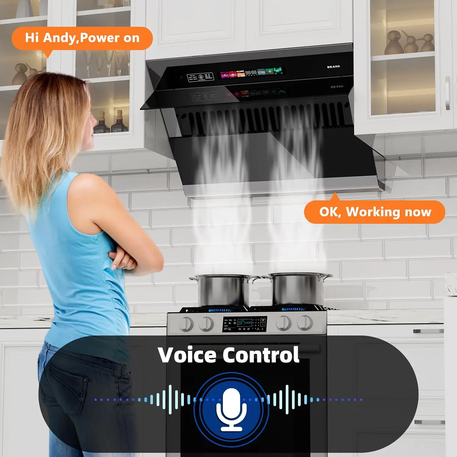 Range Hood 36 Inch with 900CFM Voice/Gesture Sensing/Touch Control Panel Unique Side-Draft Design for Under Cabinet Kitchen Hood