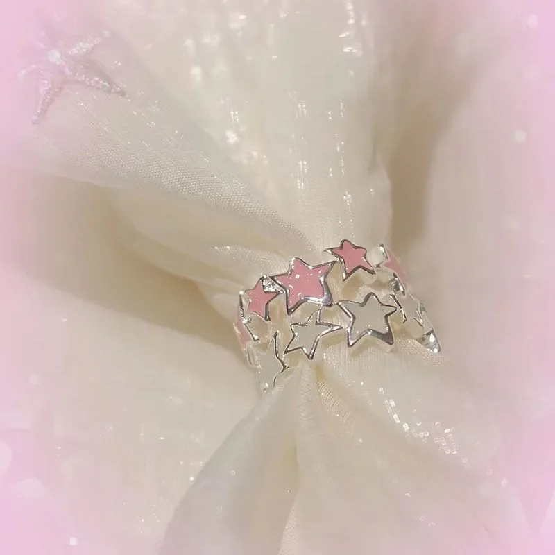 Fashion rings Y2k irregular pink stars opening adjustable Korean enamel blue star paired for girls