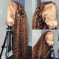 4/27 32 pouces mettre en évidence miel brun bouclés dentelle avant perruques de cheveux humains 13x6 Ombre couleur vague profonde dentelle frontale perruques femmes ﻿ 1