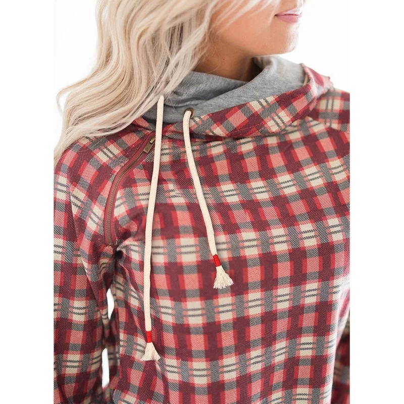 Women Long Sleeve Drawstring Hooded Pullover Plaid Print Turtleneck Hoodies Sweatshirt Autumn Winter Zip Patchwork Casual Jumper