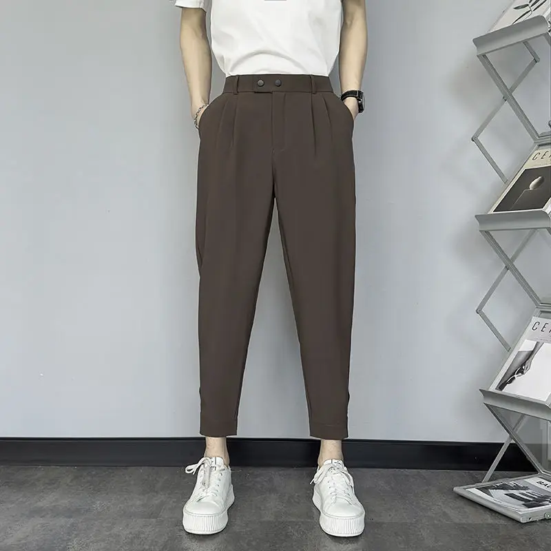 Spring and Autumn Fashion Trend Simple and Casual Loose Versatile High Waist Pocket Solid Color Nine Point Harlan Suit Pants
