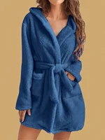 1 piece of women's solid color hooded robe with belt, cozy and warm fleece pajamas for home wear in autumn and winter. - Image 5