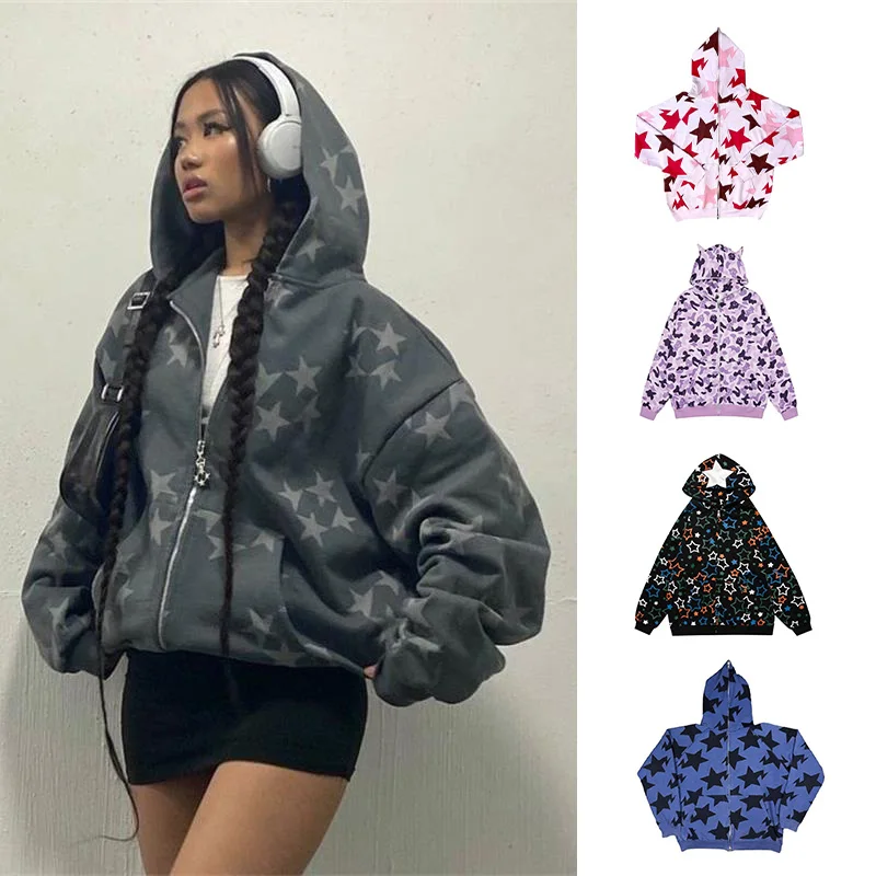 

Y2k Star Light Толстовка флисовый Свитшот хип-хоп на молнии гранж Harajuku новый тренд куртка в уличном стиле уличная одежда хлопковая куртка