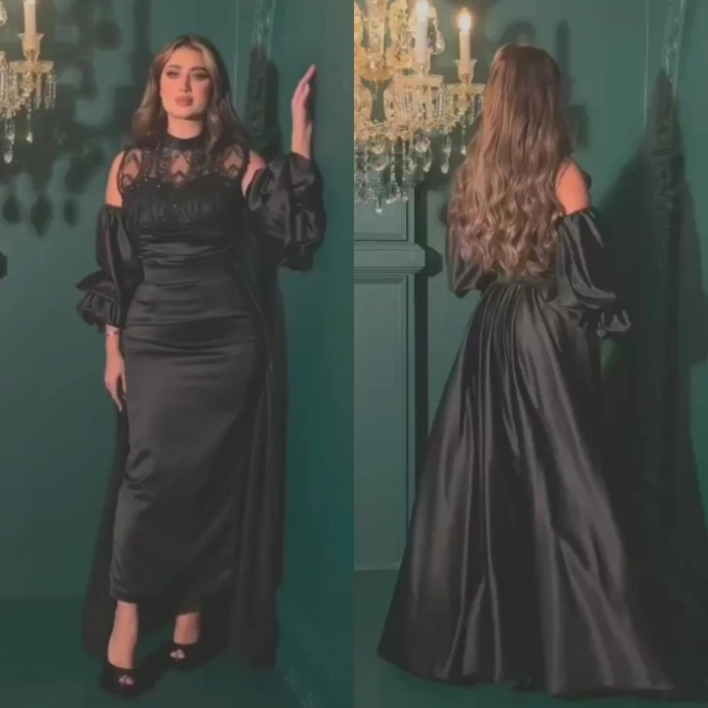 

Evening Dresses Simple High Collar Sheath Anke length Lace Satin Formal Occasion Gown vestidos para mujer gala