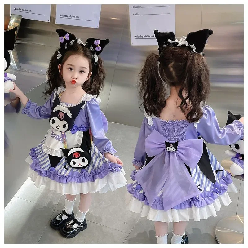 

Cartoon Sanrioed Lolita Kuromi Cute Girls Princess Dress Kawaii Fashion Sweet Bowknot Long Sleeved Puffy Dress Children Gift