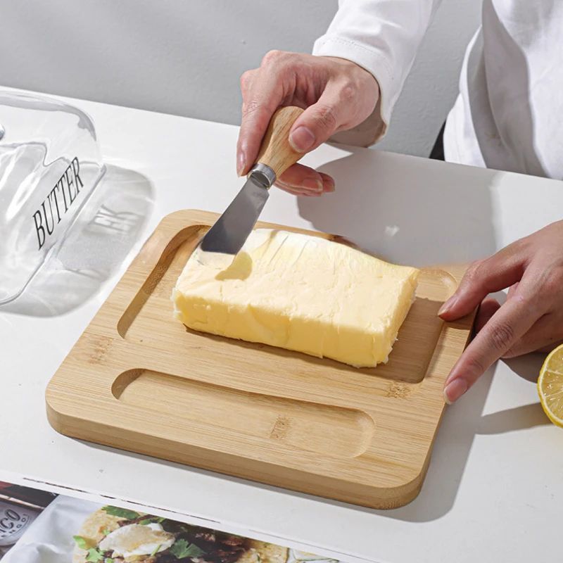 Wood Butter Dish With Glass Lid And Knife