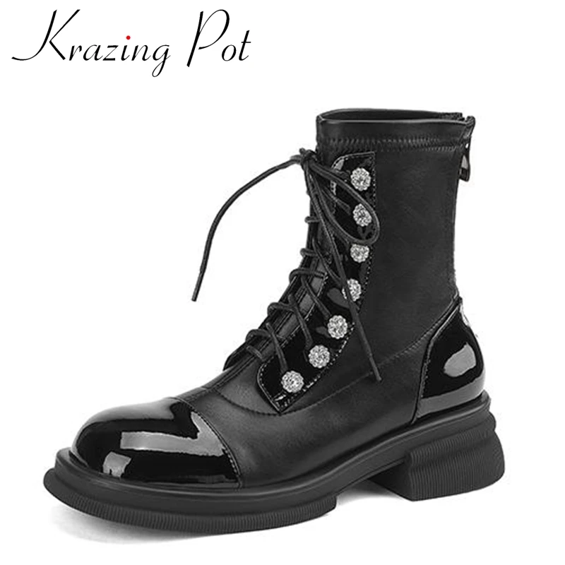 

Krazing Pot Cow Leather Round Toe Med Heels Fashion Boots Platform Beauty Cross-tied Flower Diamond Decorations Zip Ankle Boots
