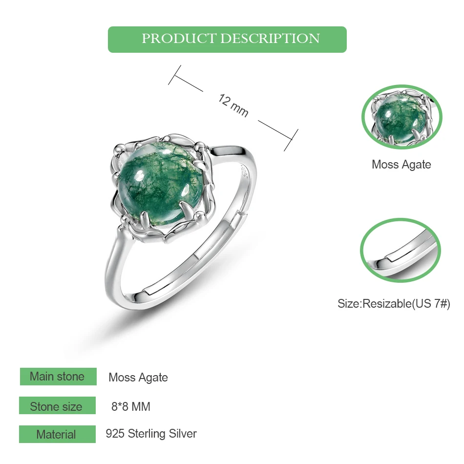 WES 100% 925 Sterling Silver Natural 8*8mm Moss Agate Rings For Woman Gemstone Wedding Fine Jewelry Valentine Gifts Engagement WES 100% 925 Sterling Silver Natural 8*8mm Moss Agate Rings For Woman Gemstone Wedding Fine Jewelry Valentine Gifts Engagement