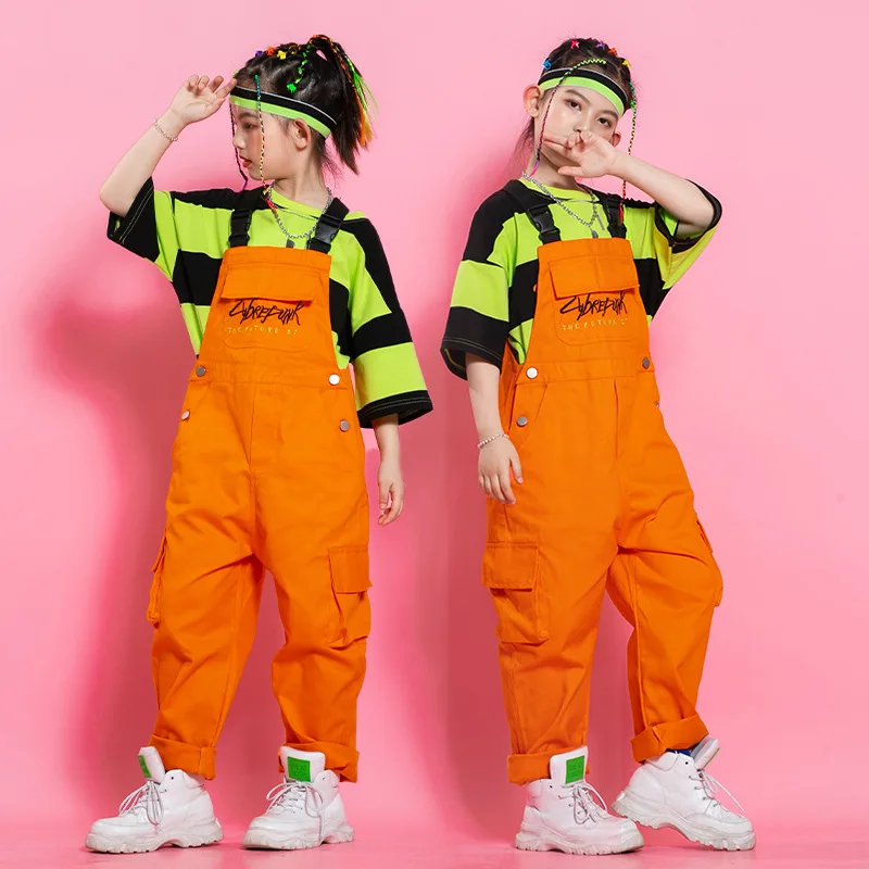 For 8 10 12 14 16 Yrs Jazz Dance Costumes Girls Boys Loose Green Striped  Hiphop Sets Performance Jumpsuit Youth Ballroom Outfits