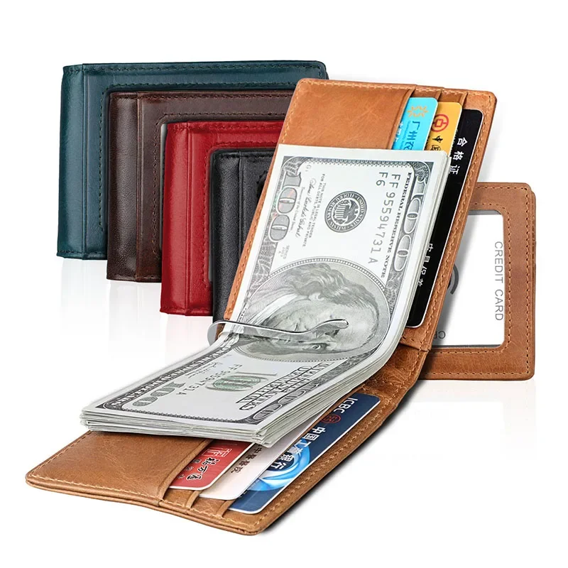 Genuine Leather Slim Wallet for Men Women with Money Clip Mini RFID Blocking Men's Thin Credit Card Holder Small Red Blue Wallet