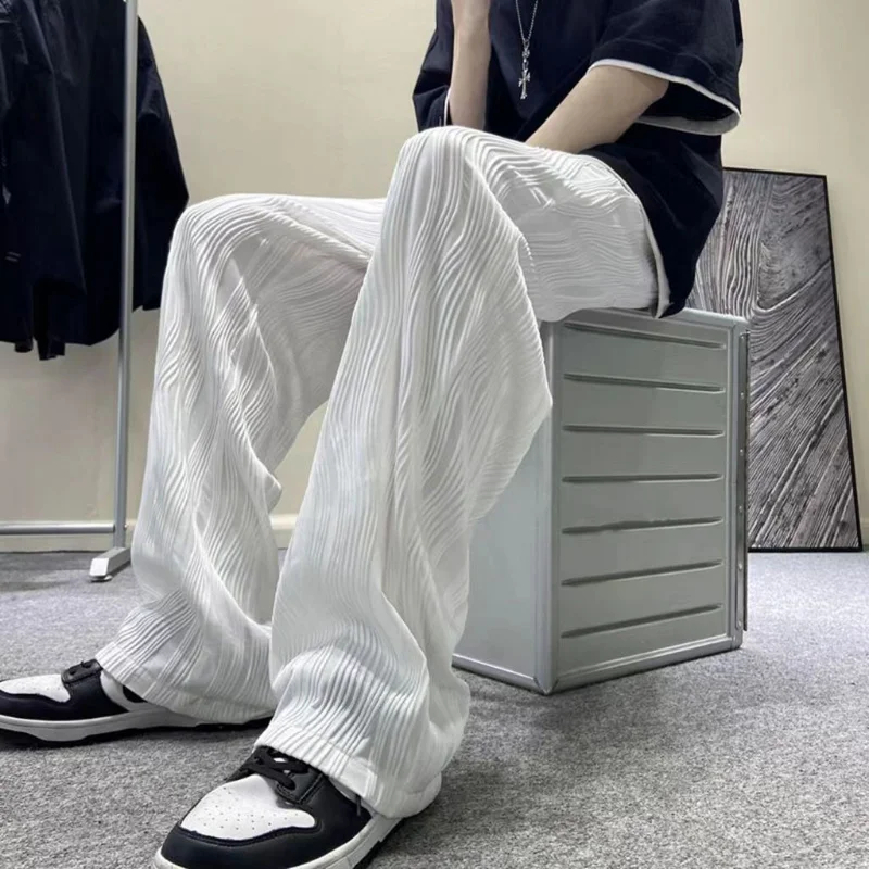 Summer Korean Fashion Simple Ice Silk Wide Leg Pants Men Solid Elastic Waist Pockets Thin High Street Loose Straight Trousers