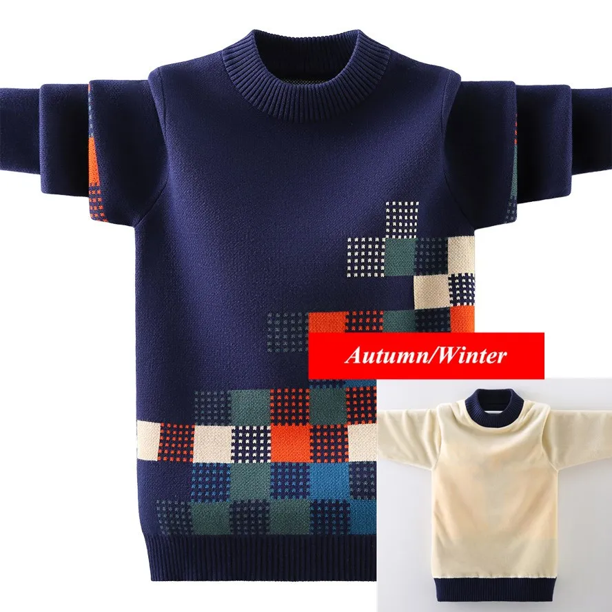 

Children Warm Sweater For Boys 2022 Autumn Winter Retro Fashion Kids Jacquard Lattice Pullovers Teenager Age 4-15 Years Clothes
