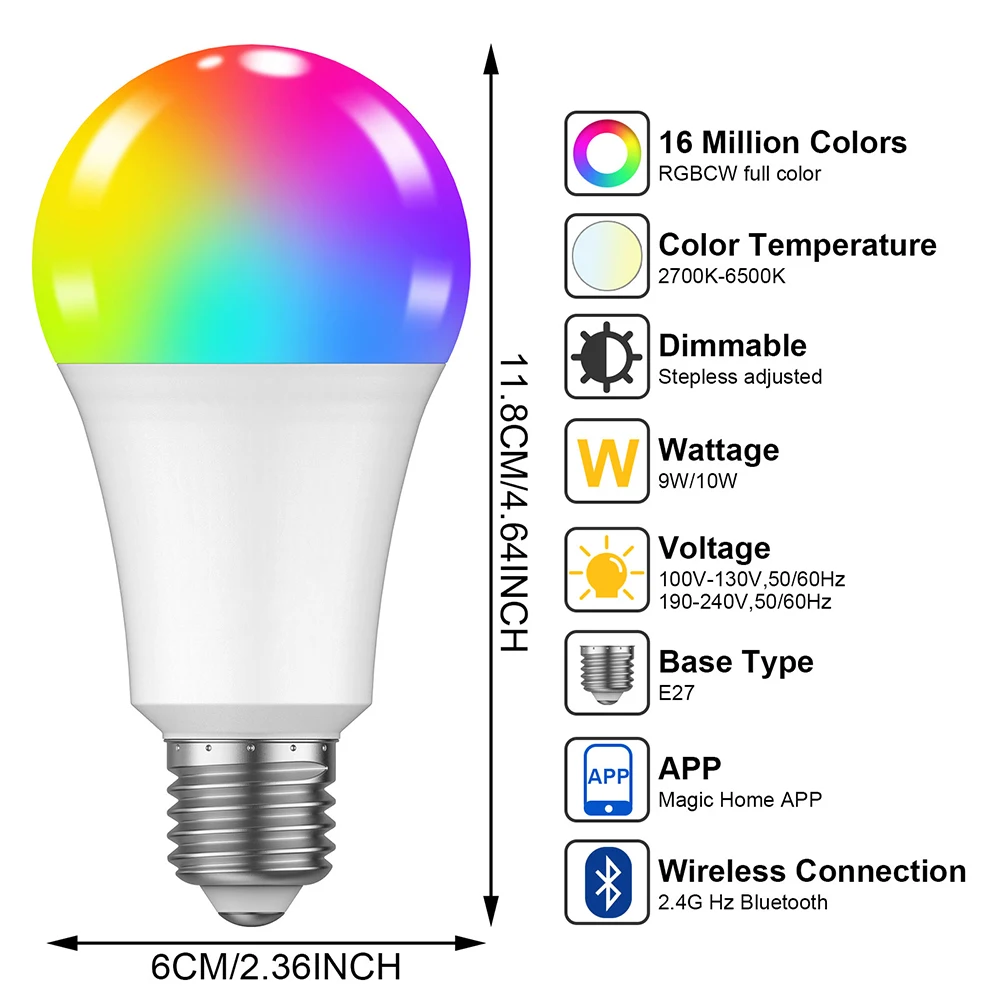 Smart Bluetooth Light Bulbs LED Color Changing Lights RGBW 2700K 6500K 100 Watt Equivalent Dimmable with App A19 E26 Pack of 10