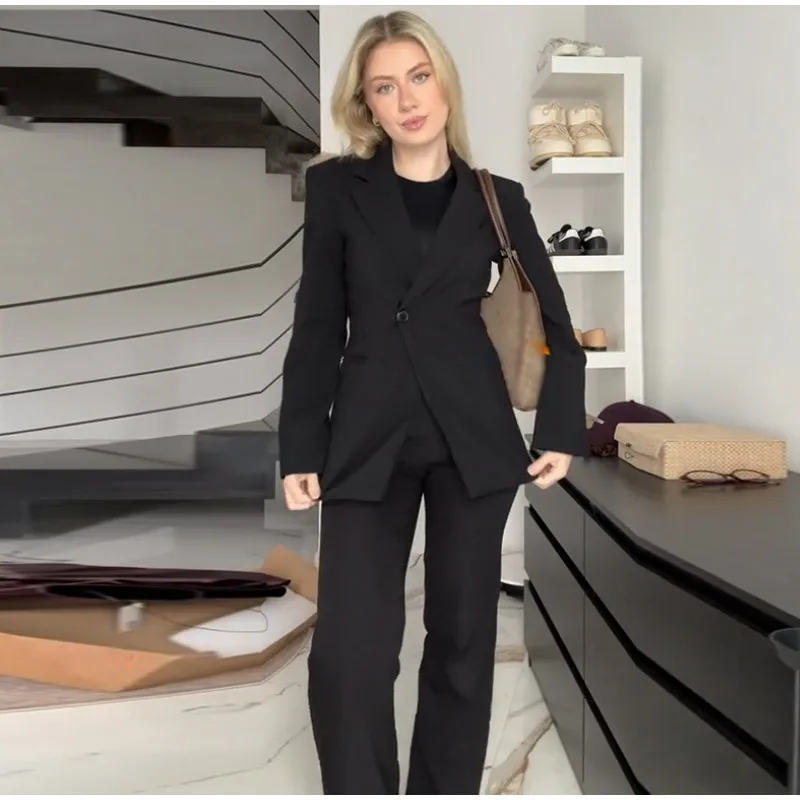 Elegant Metal Button Blazer Suit Women Slim V Neck Long Sleeve Fake Pocket Jacket Autumn Shoulder Pads Office Lady Outwear