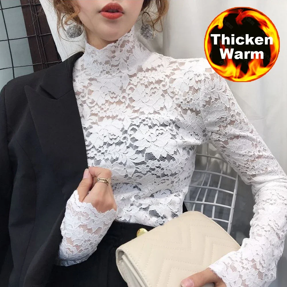 

Women Thick Warm Stretch Shirt Women Blue Green White Black Flowers Lace T Shirt Turtleneck Petal Sleeve Ladies S-2XL Size Tops