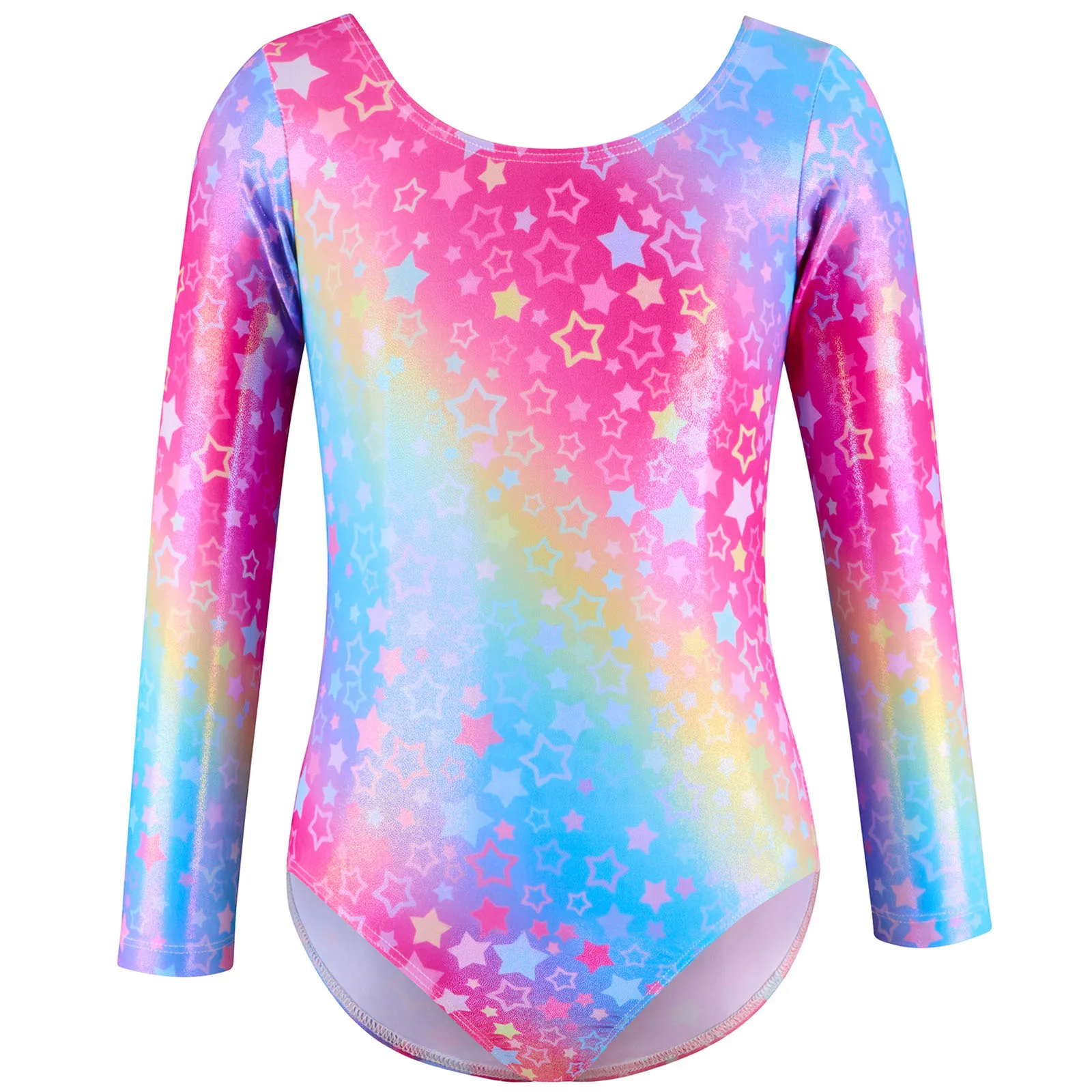 Kids Girls Ballet Dance Performance Costume Round Neck Long Sleeve Printed Leotard Dancewear for Rhythmic Gymnastics Competition