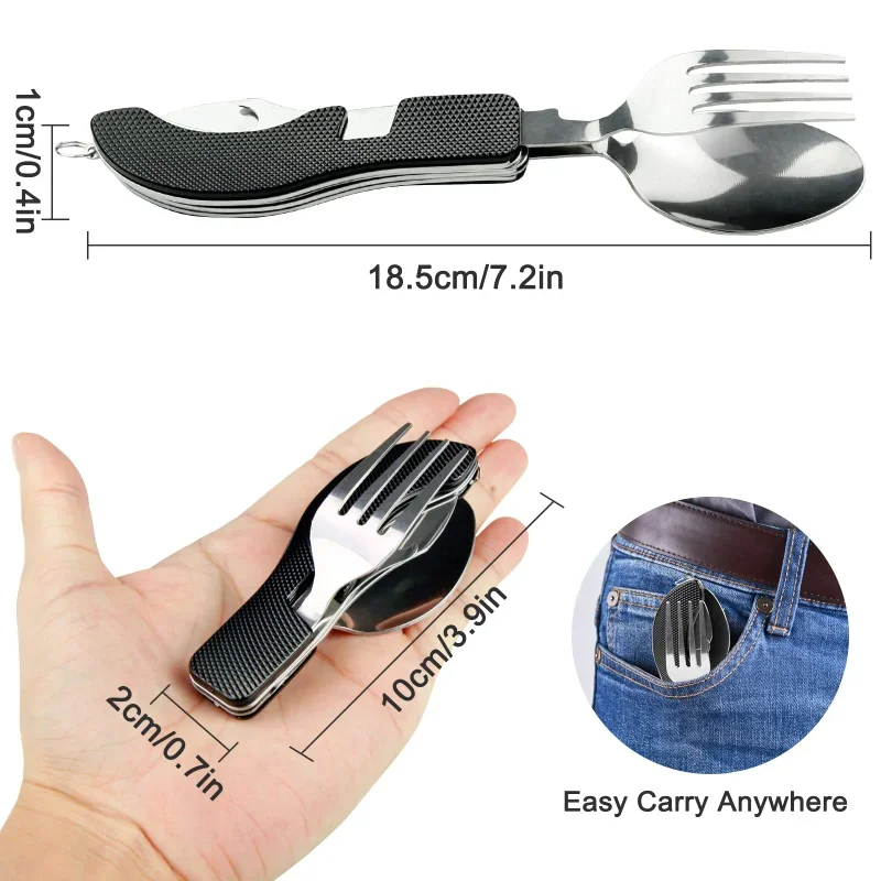 Foldable Tableware Set Camping Fork Spoon Knife 4 In 1 Foldable Tableware Set Stainless Steel Tablespoon Portable Spoon Set Bottle Opener For Outdoor