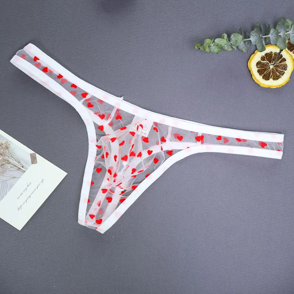 Men's Sexy Underwear Mesh Heart Printed Sheer Thongs G-Strings Breathable Ultra-Thin Underwear