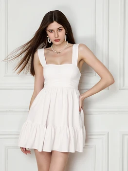 Women Solid Mini Tank Dress Open Back Tie-up Square Neck Sleeveless A-line Tiered Ruffle Dress with Pockets 2