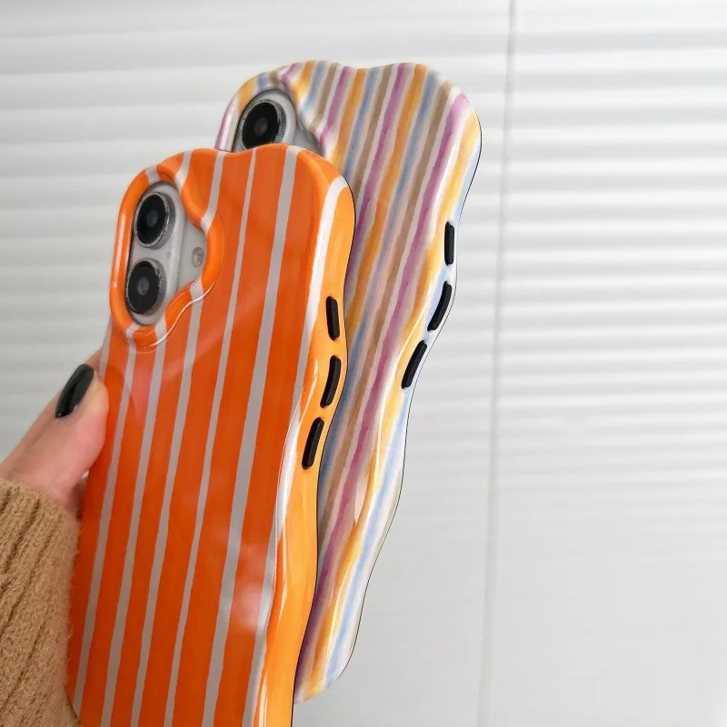 Fashionable Glossy Striped Phone Case with Wave Edge Design