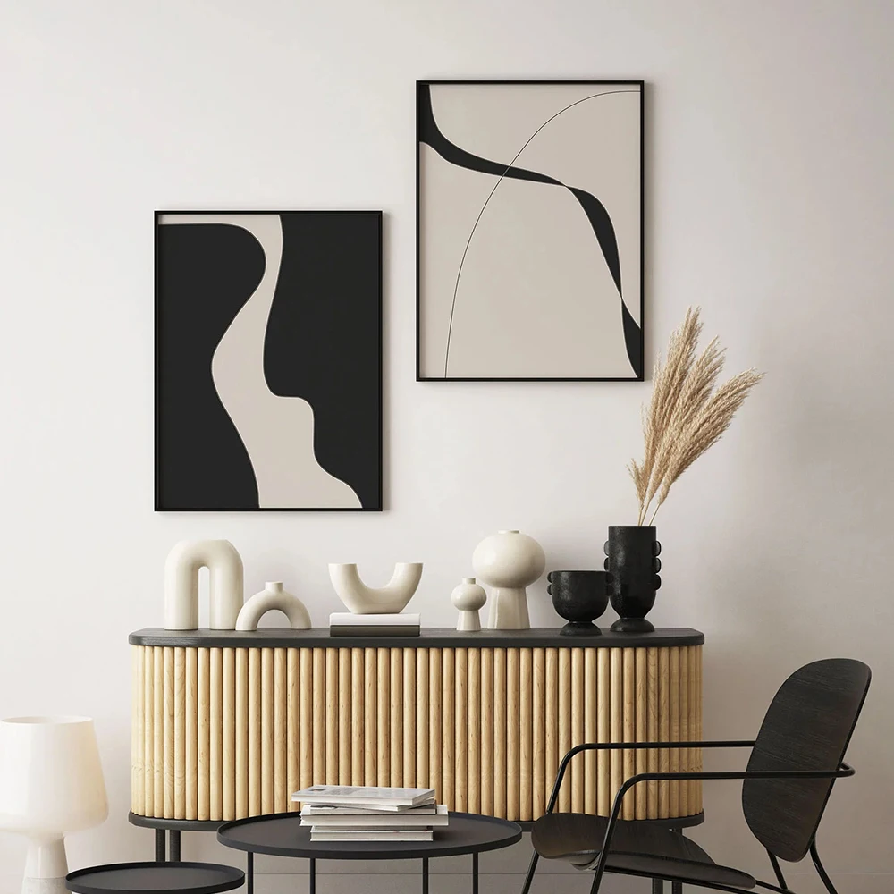 Stampa artistica minimalista astratta Disegno a tratteggio Poster Beige e nero Pittura su tela Immagine moderna della parete Decorazione del soggiorno - immagine 2