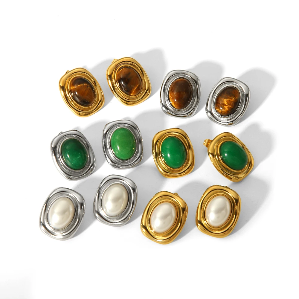 New Products Statement Nature Stone Tiger-eye Earrings Waterproof Gold Plated Stainless Steel Pearl Stud Earrings for Women 3