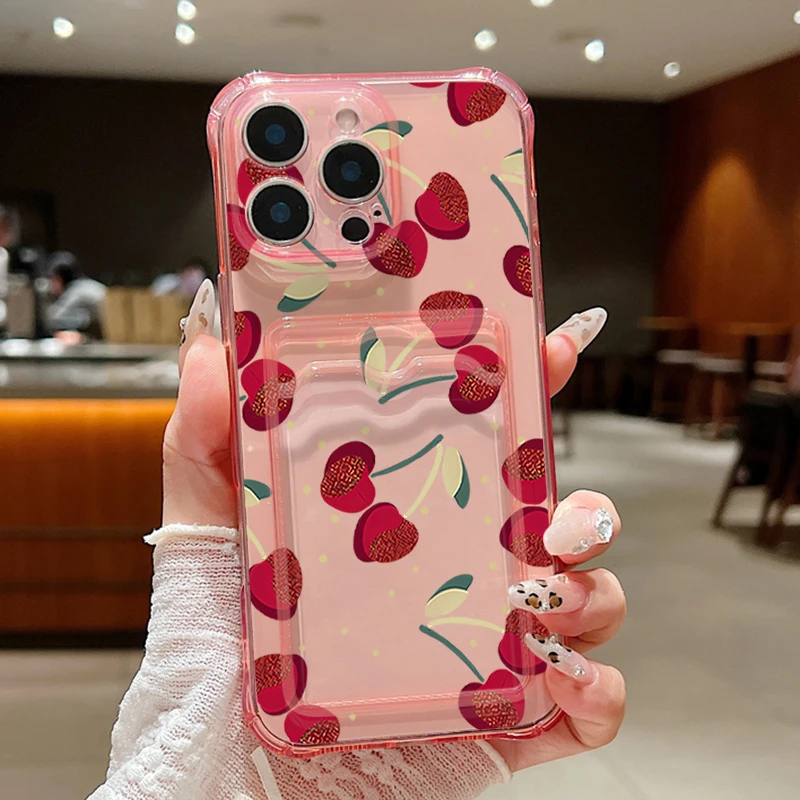 Red Cherry Pattern Shockproof Soft Silicone Phone Cover with Card Slot Pocket