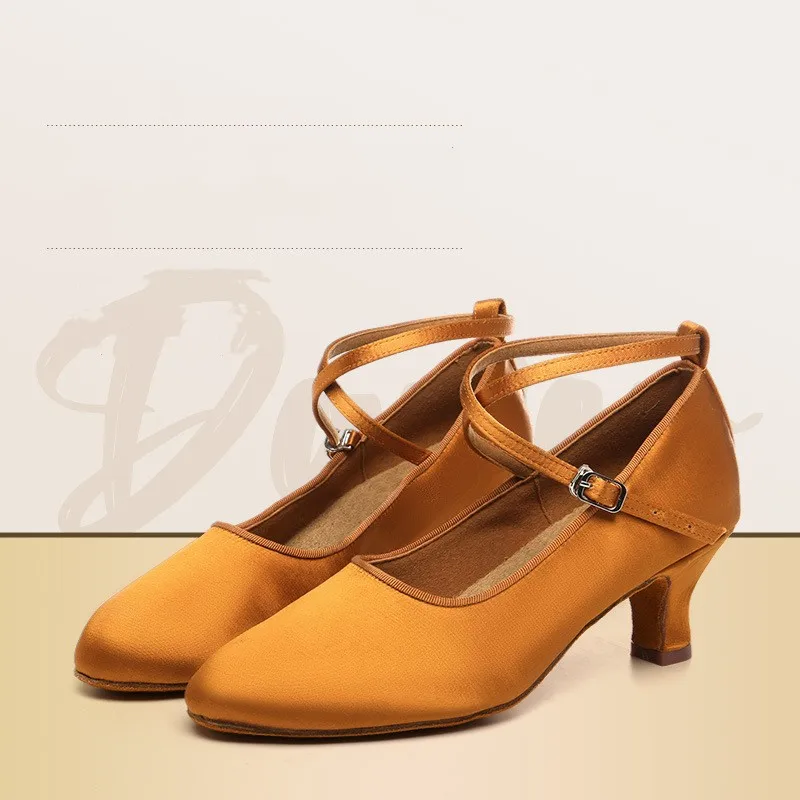 

New Arrival Women Silk Latin Dance Shoes Ladies Soft Suede and Rubber Sole Ballroom Jazz Dancing Sandals 5.5cm Stable Heel Brown