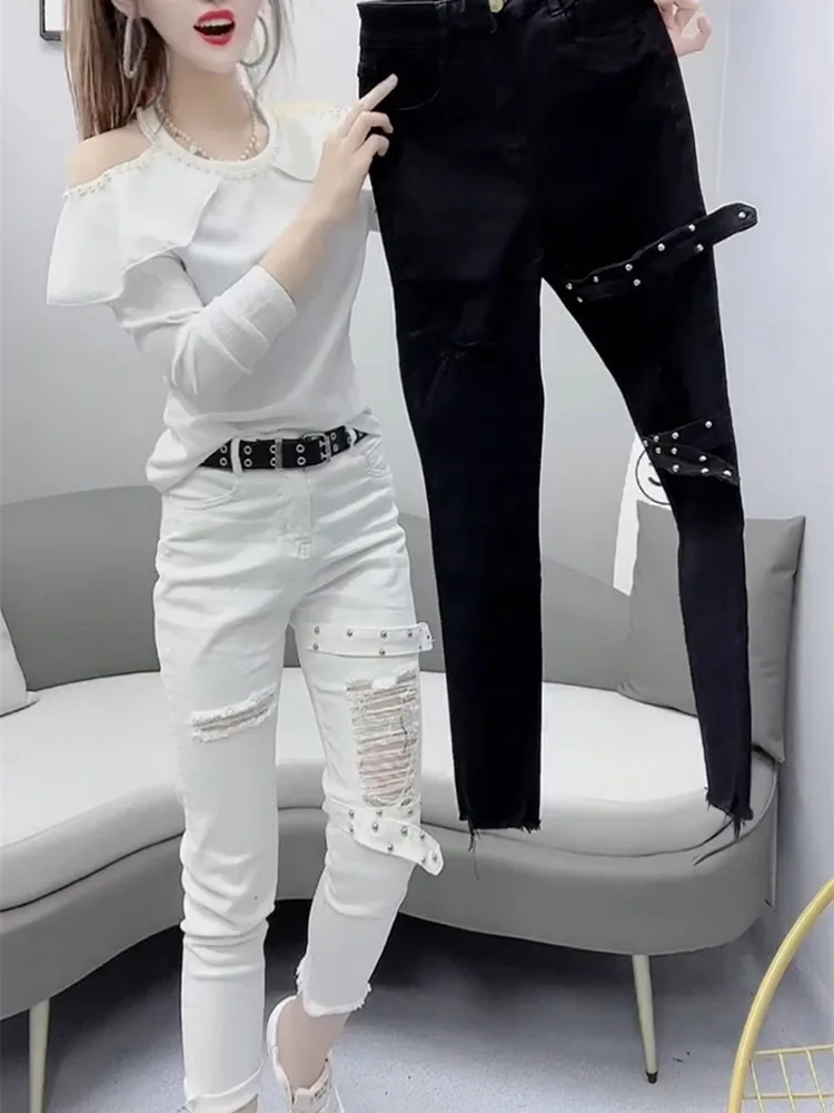 Jeans Con Foro Bianco Moda Donna Pantaloni In Denim Dritto A Vita Alta Primavera Lady Pantaloni Alla Caviglia Jeans Estivi Da Donna