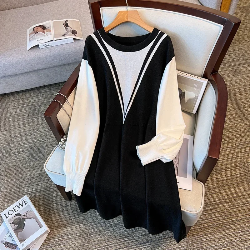 

100/175kg Big Size Women Clothing Oversize Bust 150/160cm Casual Loose Women Fitting Round Neck Sweater Dresses Vestidos 6XL 7XL