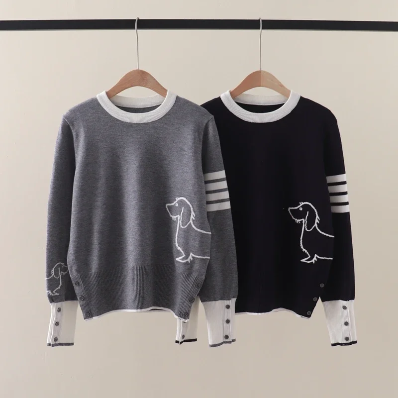 

Autumn and Winter New TB Academy Style Contrast Dog Jacquard Round Neck Pullover Knitwear Versatile Underlay Sweater
