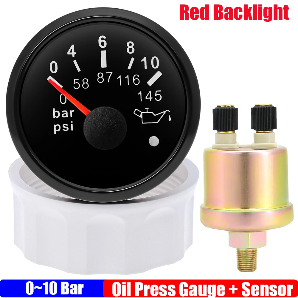 Red Backlight 0-5 Bar 52mm Oil Pressure Gauge+Sensor with Flashing Alarm 0~10 Bar Oil Press Meter for Auto Car Marine 12V 24V